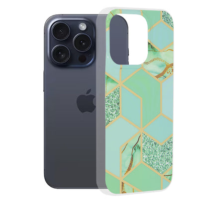 Deksel for Apple iPhone 15 Pro, Techsuit, Marble, Grønn