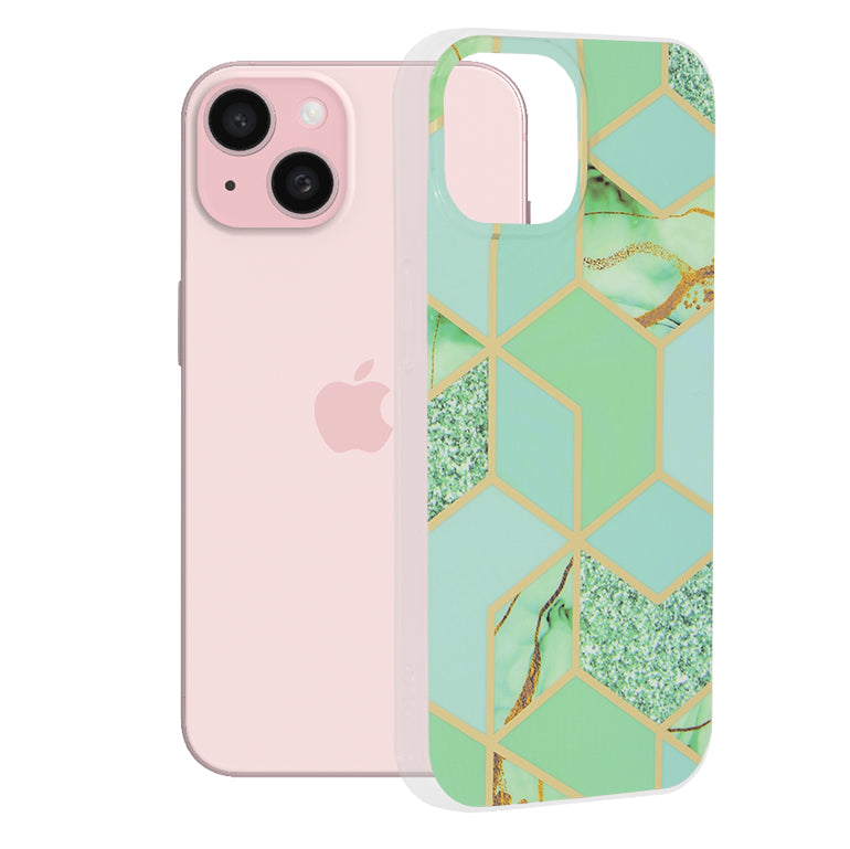 Deksel for Apple iPhone 15, Techsuit, Marble, Grønn
