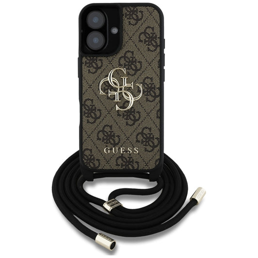 Deksel for Apple iPhone 16, Guess, 4G CBDY Big Logo with Cord Strap, Brun