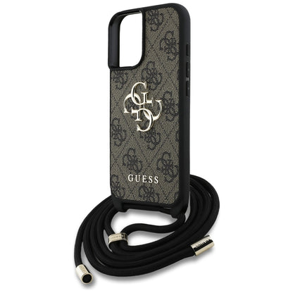 Deksel for Apple iPhone 16, Guess, 4G CBDY Big Logo with Cord Strap, Brun
