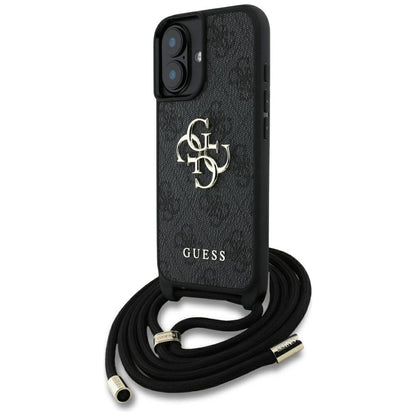 Deksel for Apple iPhone 16, Guess, 4G CBDY Big Logo with Cord Strap, Svart