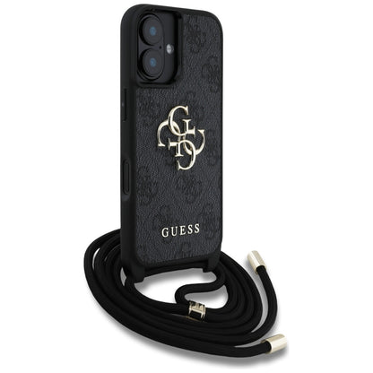 Deksel for Apple iPhone 16, Guess, 4G CBDY Big Logo with Cord Strap, Svart