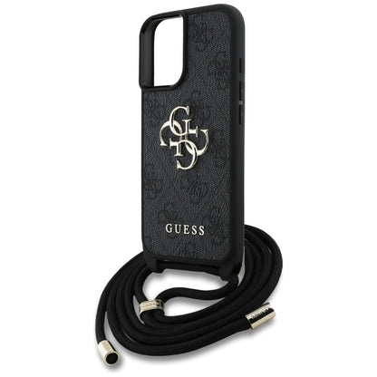 Deksel for Apple iPhone 16, Guess, 4G CBDY Big Logo with Cord Strap, Svart