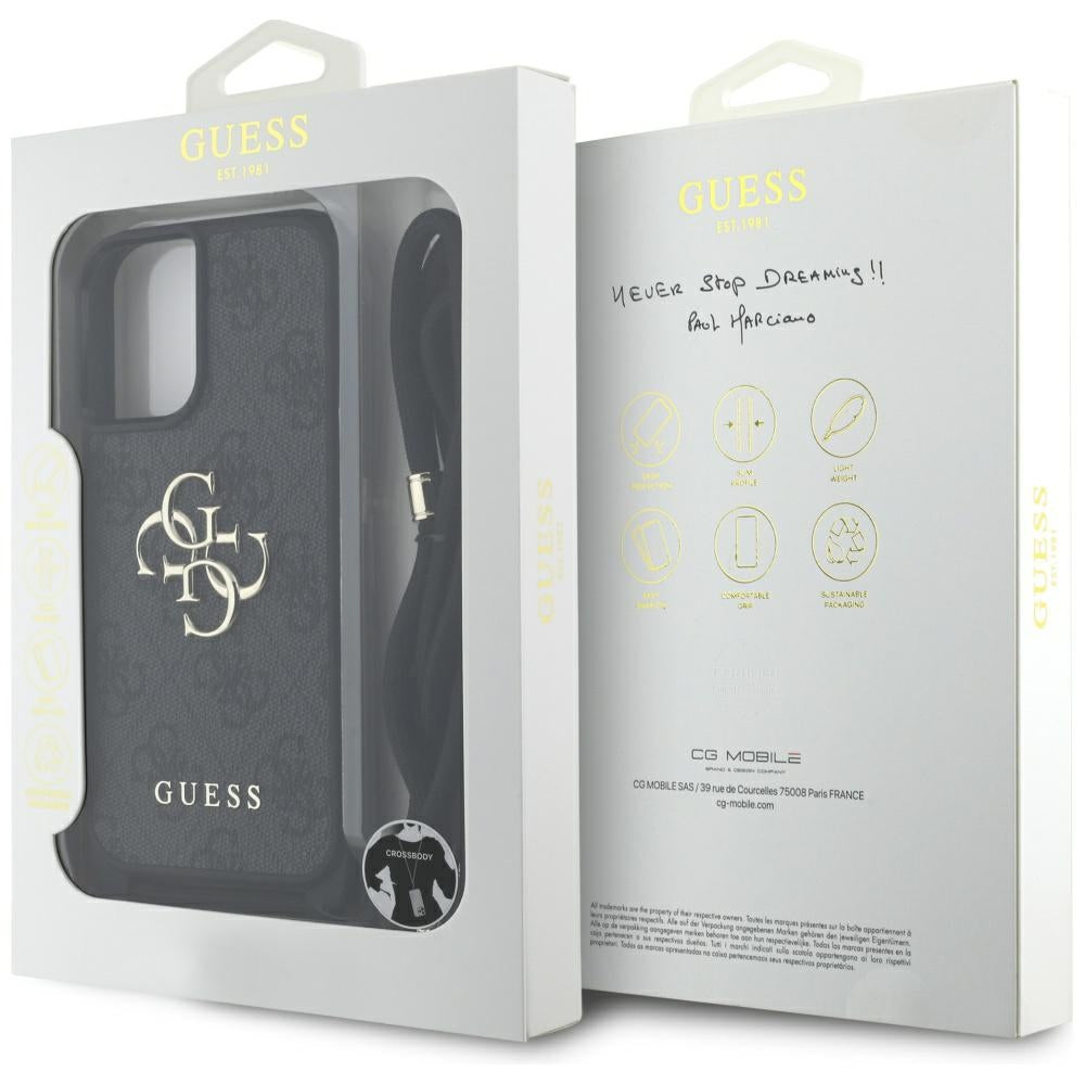 Deksel for Apple iPhone 16, Guess, 4G CBDY Big Logo with Cord Strap, Svart