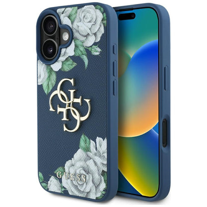 Deksel for Apple iPhone 16, Guess, 4G Grained Roses Big Logo, Blå