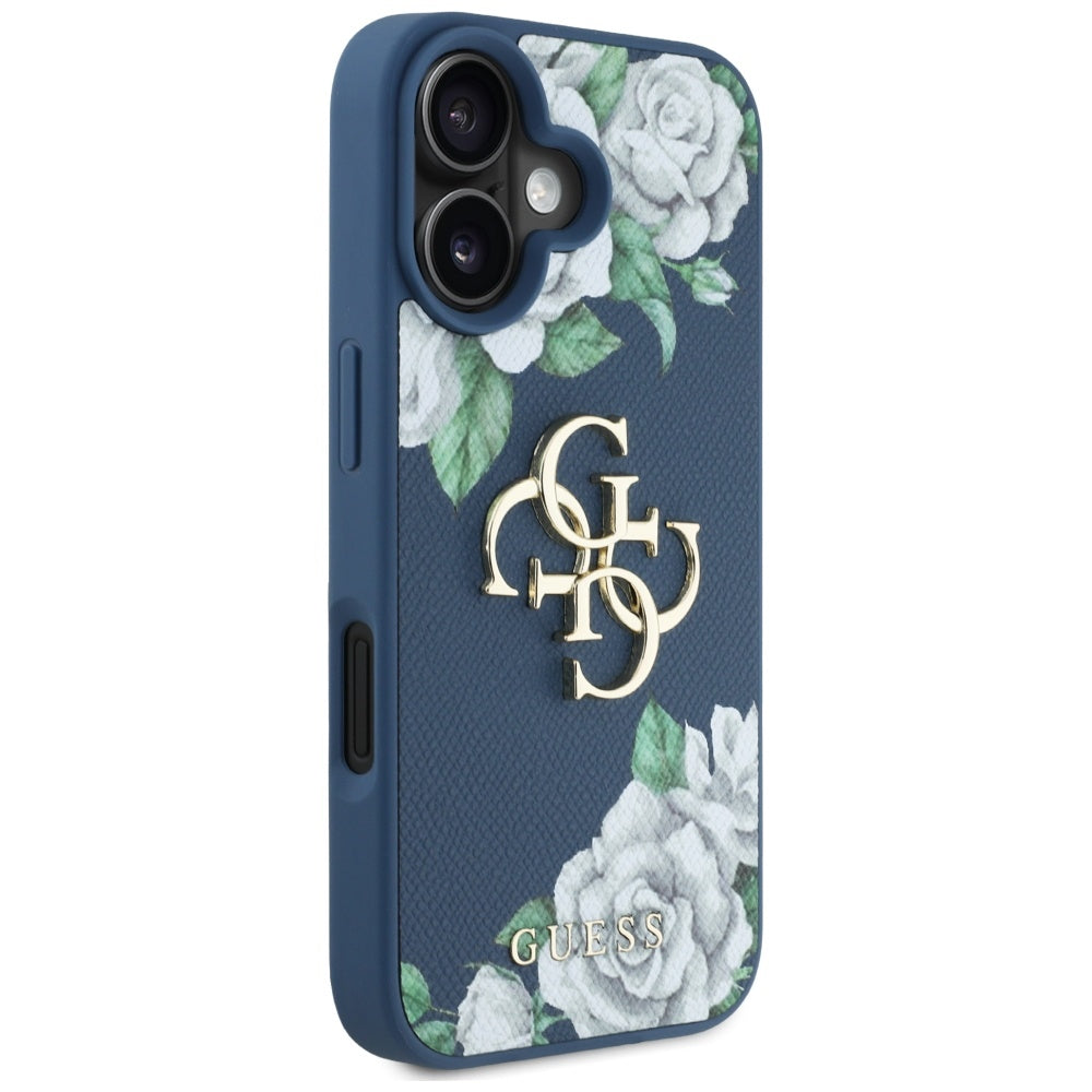 Deksel for Apple iPhone 16, Guess, 4G Grained Roses Big Logo, Blå