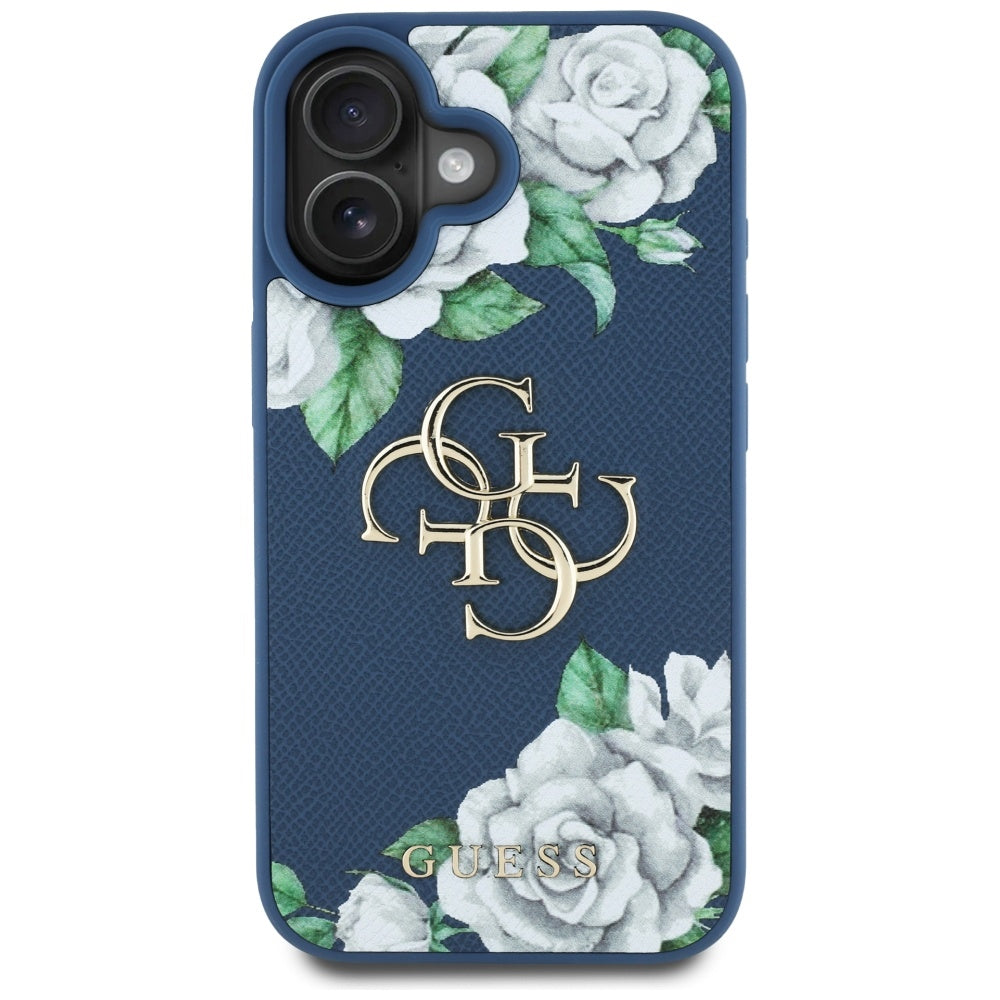Deksel for Apple iPhone 16, Guess, 4G Grained Roses Big Logo, Blå