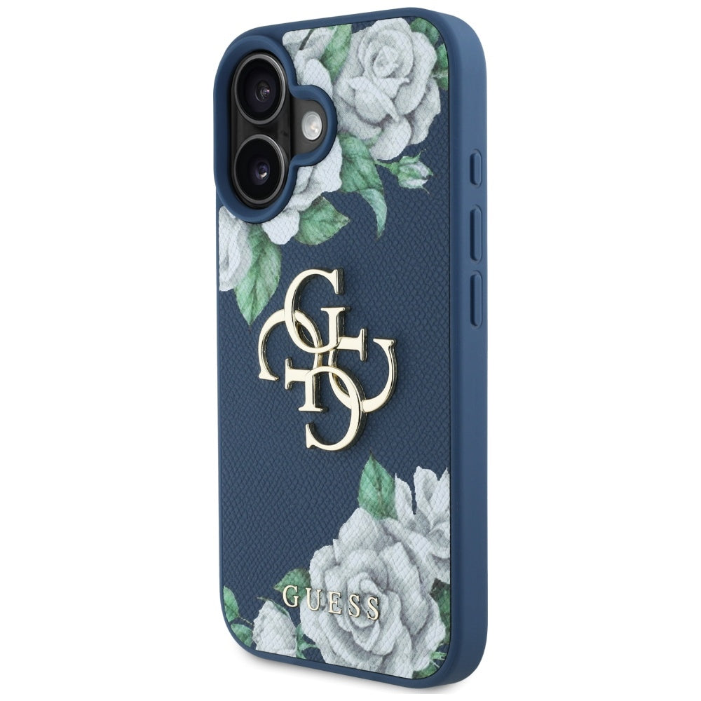 Deksel for Apple iPhone 16, Guess, 4G Grained Roses Big Logo, Blå