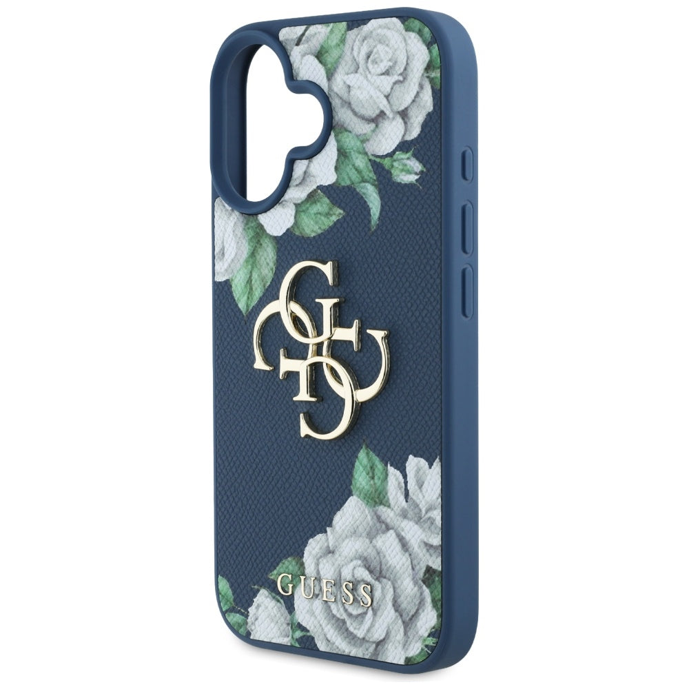 Deksel for Apple iPhone 16, Guess, 4G Grained Roses Big Logo, Blå