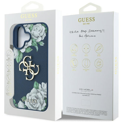 Deksel for Apple iPhone 16, Guess, 4G Grained Roses Big Logo, Blå