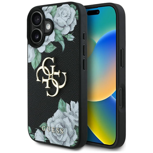 Deksel for Apple iPhone 16, Guess, 4G Grained Roses Big Logo, Svart