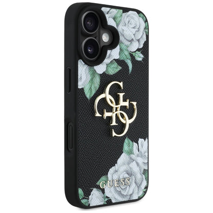 Deksel for Apple iPhone 16, Guess, 4G Grained Roses Big Logo, Svart