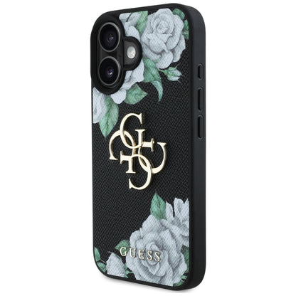 Deksel for Apple iPhone 16, Guess, 4G Grained Roses Big Logo, Svart