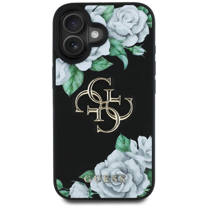 Deksel for Apple iPhone 16, Guess, 4G Grained Roses Big Logo, Svart