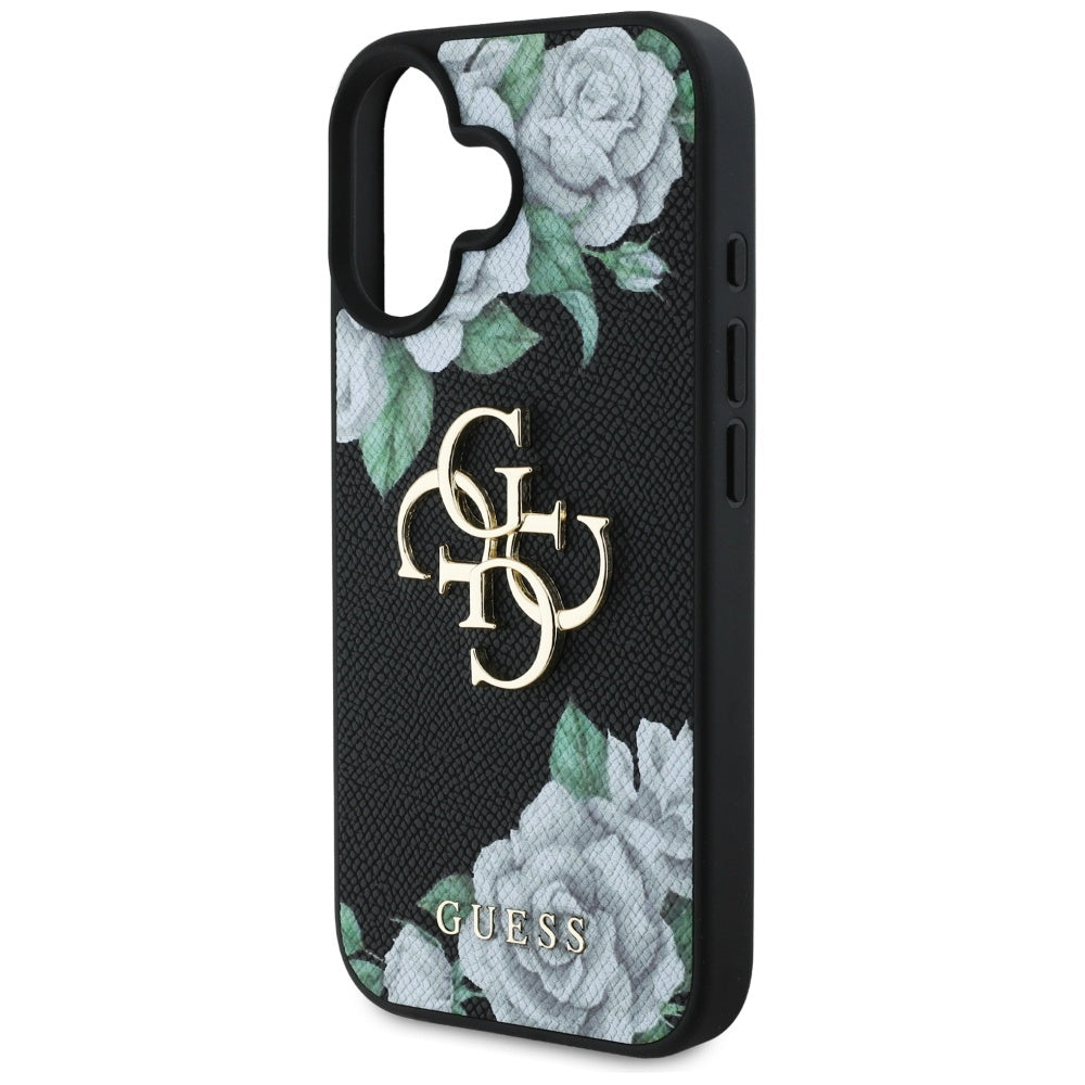 Deksel for Apple iPhone 16, Guess, 4G Grained Roses Big Logo, Svart