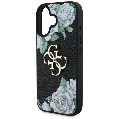 Deksel for Apple iPhone 16, Guess, 4G Grained Roses Big Logo, Svart