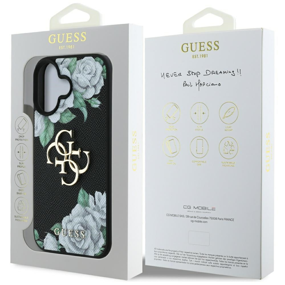 Deksel for Apple iPhone 16, Guess, 4G Grained Roses Big Logo, Svart