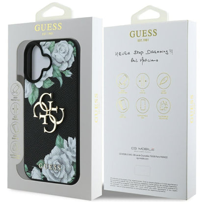 Deksel for Apple iPhone 16, Guess, 4G Grained Roses Big Logo, Svart