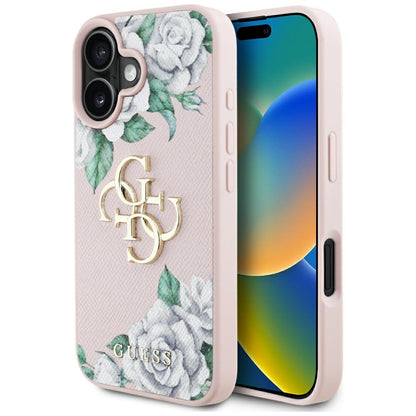 Deksel for Apple iPhone 16, Guess, 4G Grained Roses Big Logo, Rosa