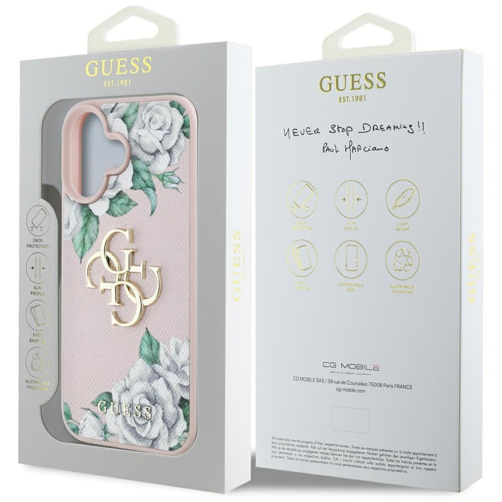 Deksel for Apple iPhone 16, Guess, 4G Grained Roses Big Logo, Rosa