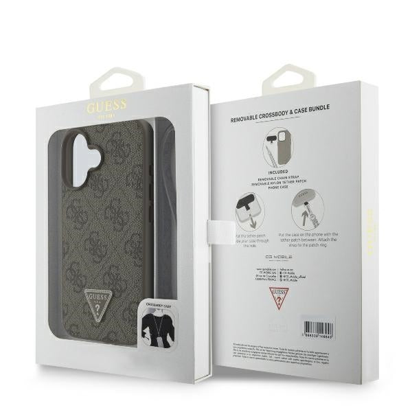 Deksel for Apple iPhone 16, Guess, Crossbody 4G Triangle Strass, Brun