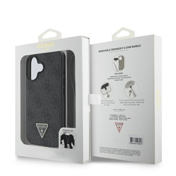 Deksel for Apple iPhone 16, Guess, Crossbody 4G Triangle Strass, Svart