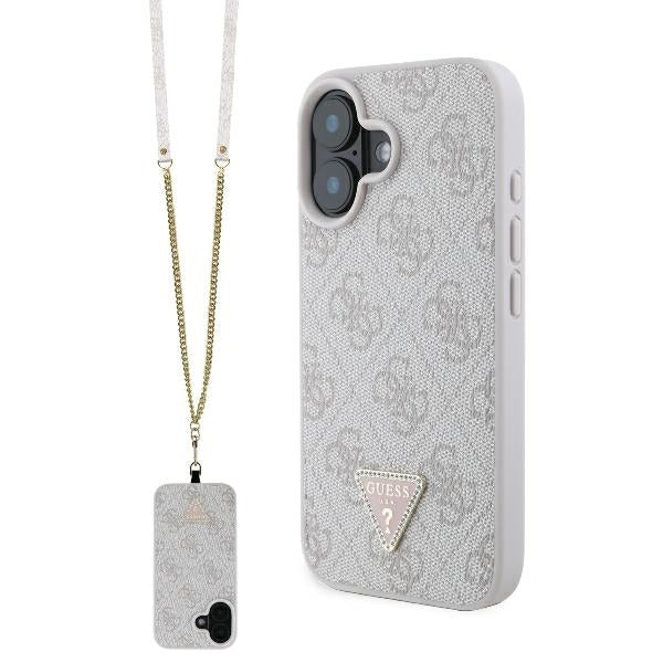 Deksel for Apple iPhone 16, Guess, Crossbody 4G Triangle Strass, Rosa