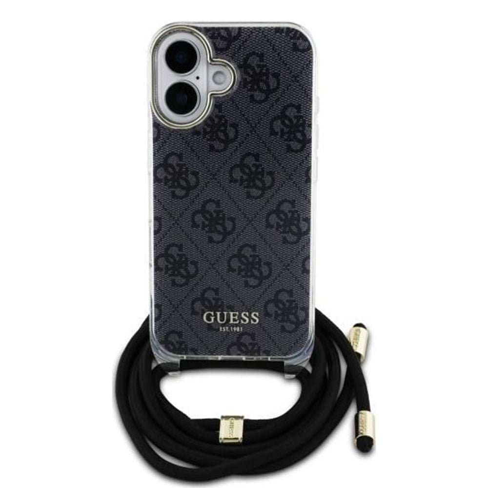 Deksel for Apple iPhone 16, Guess, Crossbody Cord 4G Print, Svart