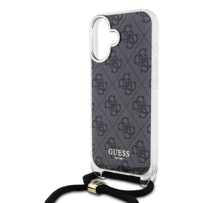 Deksel for Apple iPhone 16, Guess, Crossbody Cord 4G Print, Svart