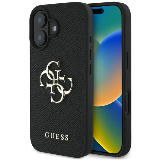 Deksel for Apple iPhone 16, Guess, Grained Big 4G Logo Small Classic Logo, Svart