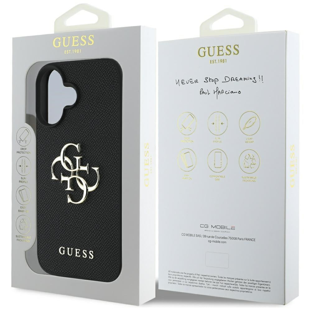 Deksel for Apple iPhone 16, Guess, Grained Big 4G Logo Small Classic Logo, Svart