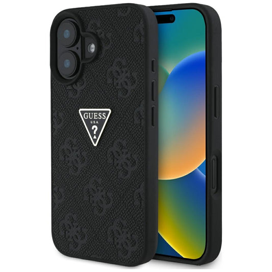 Deksel for Apple iPhone 16, Guess, Hot Stamp 4G Pattern Triangle Logo, Svart