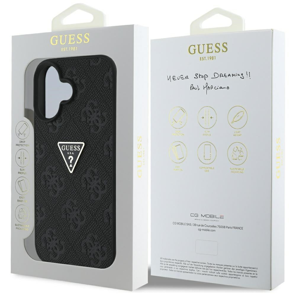 Deksel for Apple iPhone 16, Guess, Hot Stamp 4G Pattern Triangle Logo, Svart