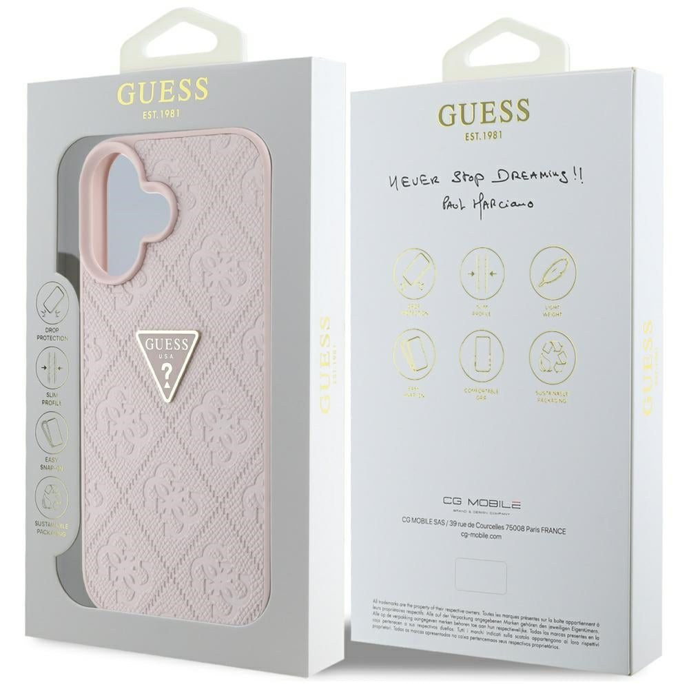 Deksel for Apple iPhone 16, Guess, Hot Stamp 4G Pattern Triangle Logo, Rosa