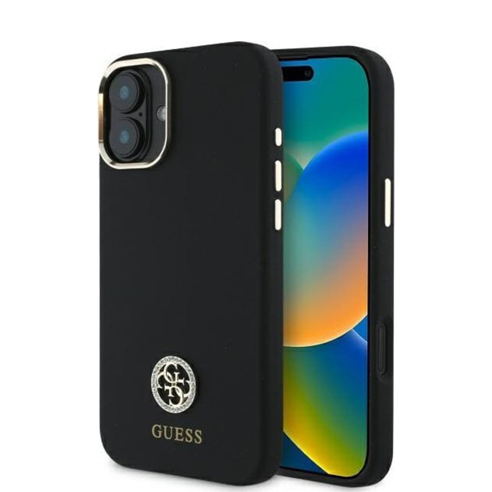 Deksel for Apple iPhone 16, Guess, Logo Strass 4G, Svart