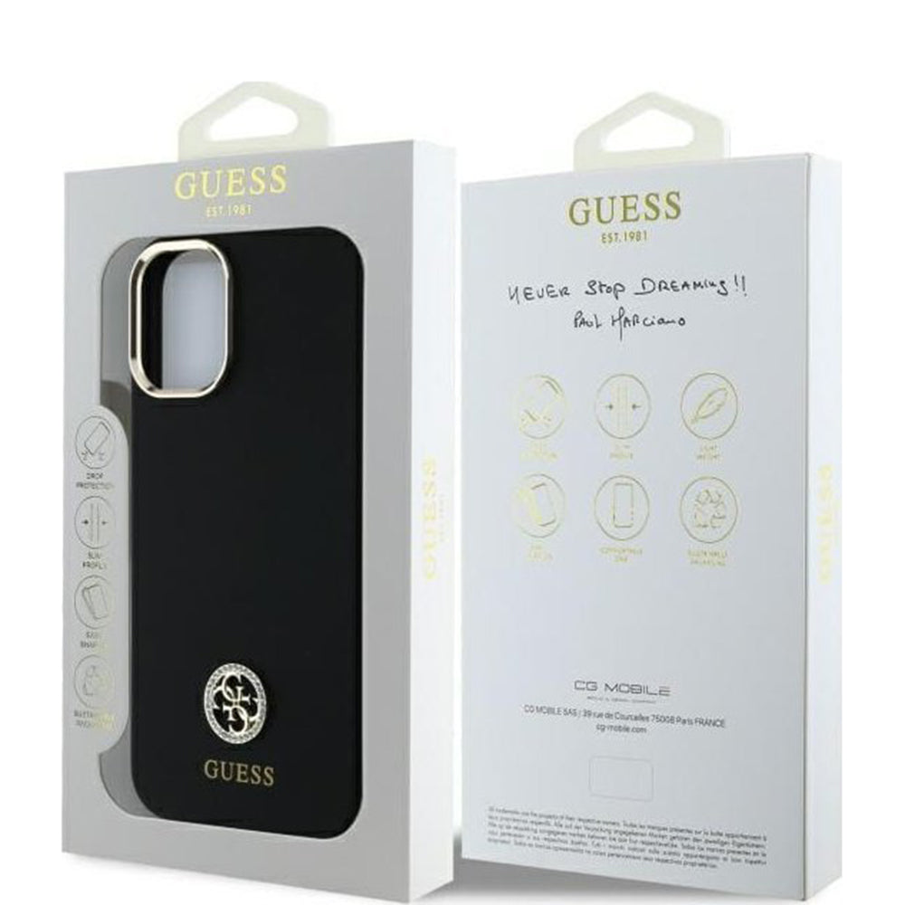 Deksel for Apple iPhone 16, Guess, Logo Strass 4G, Svart