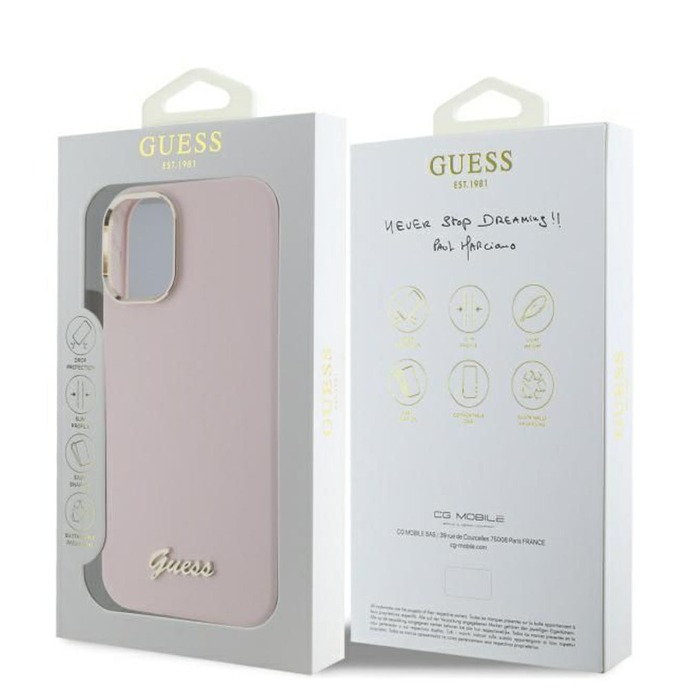 Deksel for Apple iPhone 16, Guess, Script Metal Logo & Frame, Rosa