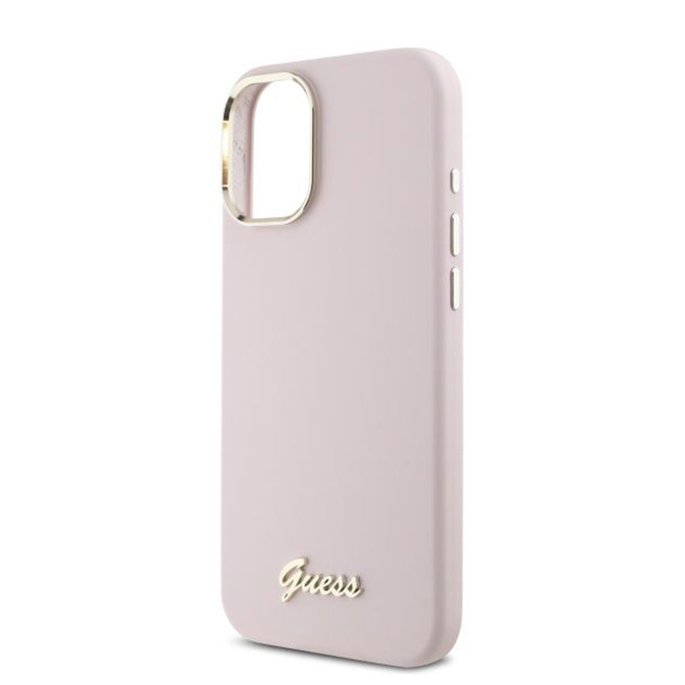 Deksel for Apple iPhone 16, Guess, Script Metal Logo & Frame, Rosa