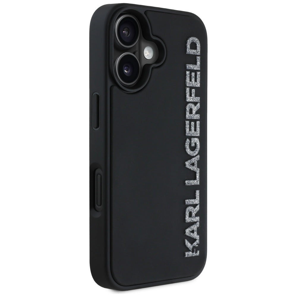 Deksel for Apple iPhone 16, Karl Lagerfeld, 3D Rubber Elongated Glitter Logo, Svart