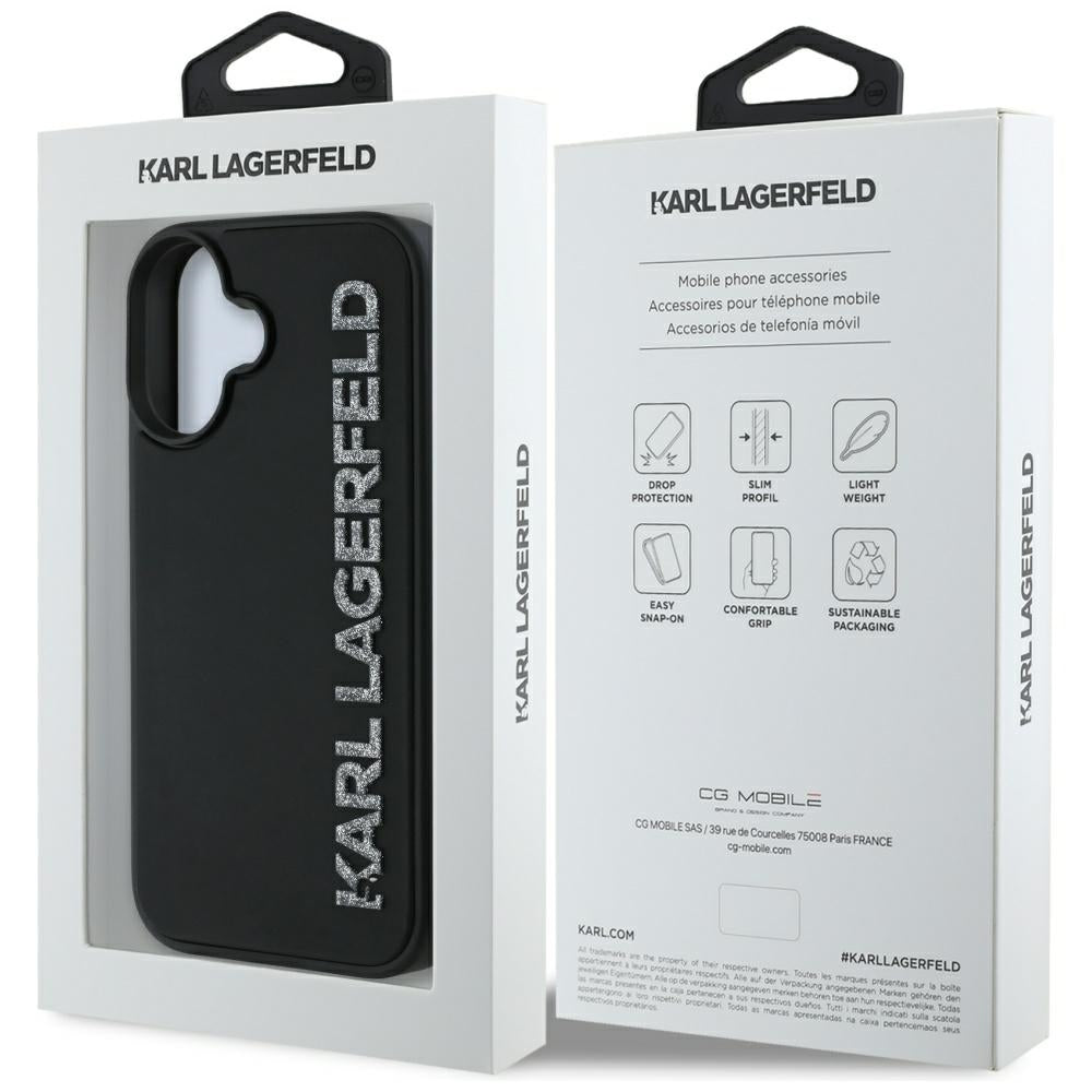 Deksel for Apple iPhone 16, Karl Lagerfeld, 3D Rubber Elongated Glitter Logo, Svart