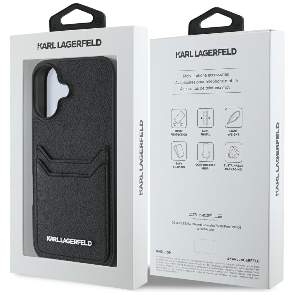 Deksel for Apple iPhone 16, Karl Lagerfeld, Grained Cardslots, Svart