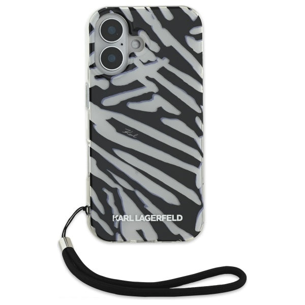 Deksel for Apple iPhone 16, Karl Lagerfeld, IML Luxury Zebra Pattern with Strap, Svart