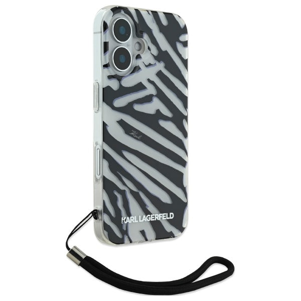 Deksel for Apple iPhone 16, Karl Lagerfeld, IML Luxury Zebra Pattern with Strap, Svart