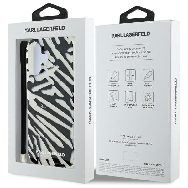 Deksel for Apple iPhone 16, Karl Lagerfeld, IML Luxury Zebra Pattern with Strap, Svart