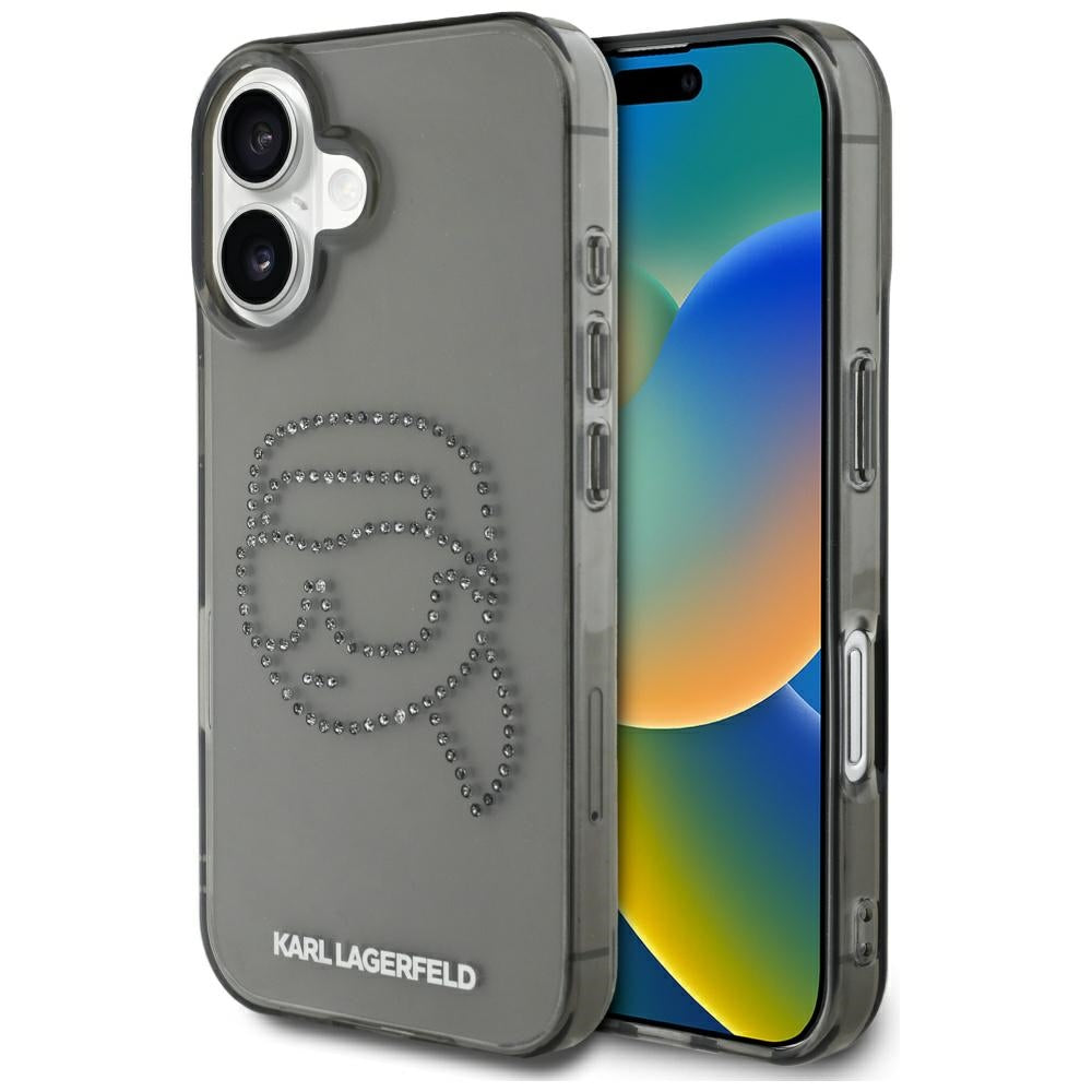 Deksel for Apple iPhone 16, Karl Lagerfeld, IML Rhinestones Karl's Head, Svart