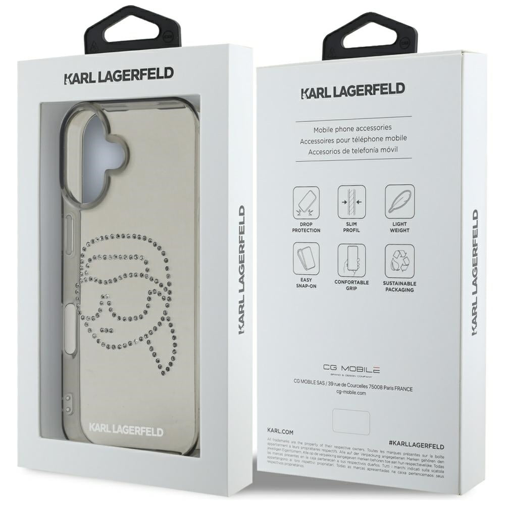 Deksel for Apple iPhone 16, Karl Lagerfeld, IML Rhinestones Karl's Head, Svart