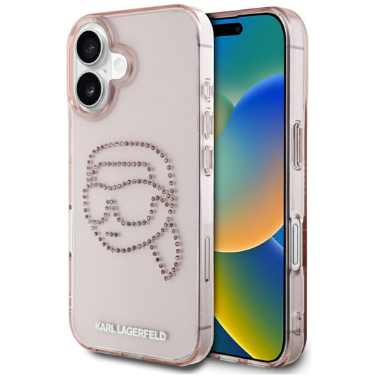 Deksel for Apple iPhone 16, Karl Lagerfeld, IML Rhinestones Karl's Head, Rosa