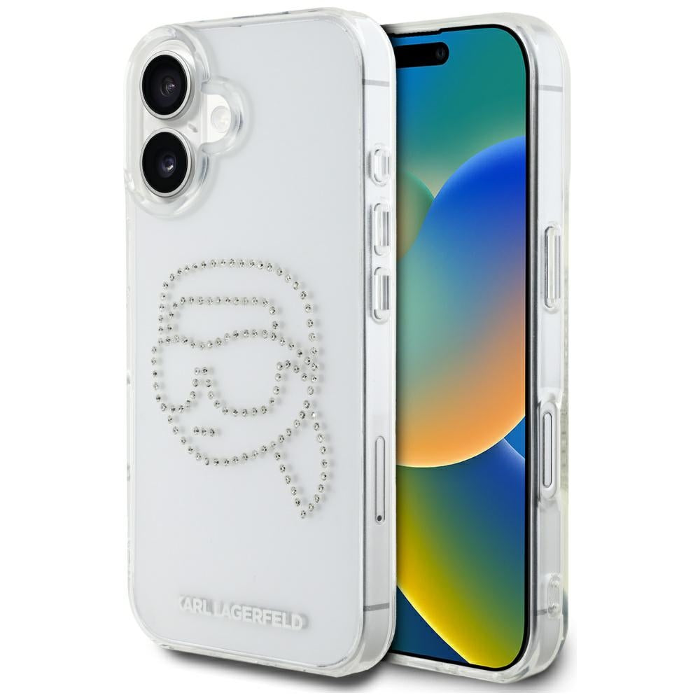 Deksel for Apple iPhone 16, Karl Lagerfeld, IML Rhinestones Karl's Head, Gjennomsiktig