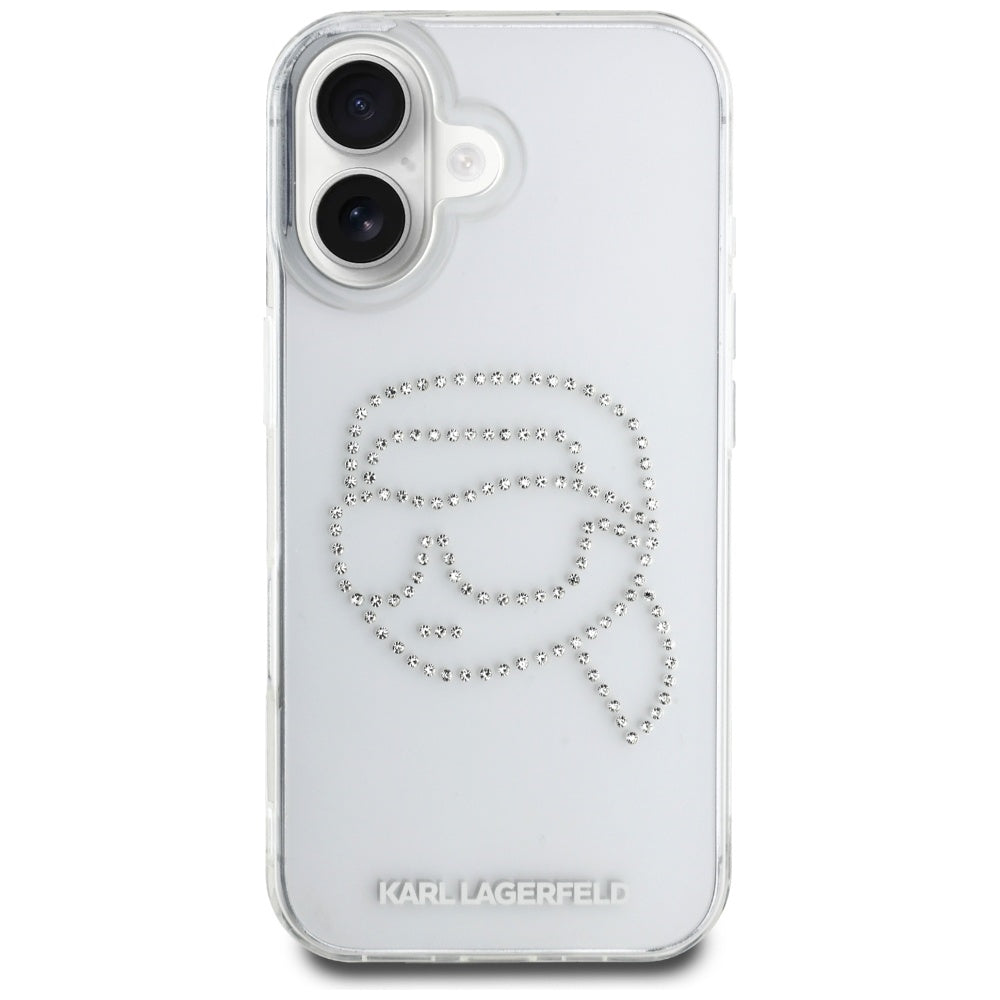 Deksel for Apple iPhone 16, Karl Lagerfeld, IML Rhinestones Karl's Head, Gjennomsiktig