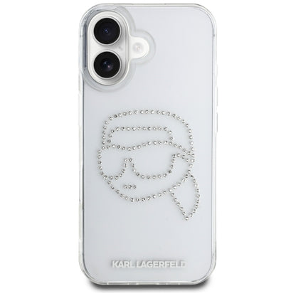 Deksel for Apple iPhone 16, Karl Lagerfeld, IML Rhinestones Karl's Head, Gjennomsiktig